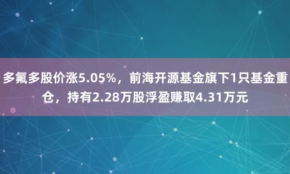 多氟多股价涨5.05%，前海开源基金旗下1只基金重仓，持有2.28万股浮盈赚取4.31万元