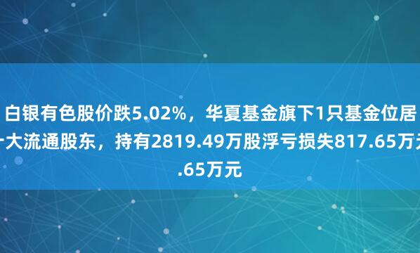 白银有色股价跌5.02%，华夏基金旗下1只基金位居十大流通股东，持有2819.49万股浮亏损失817.65万元